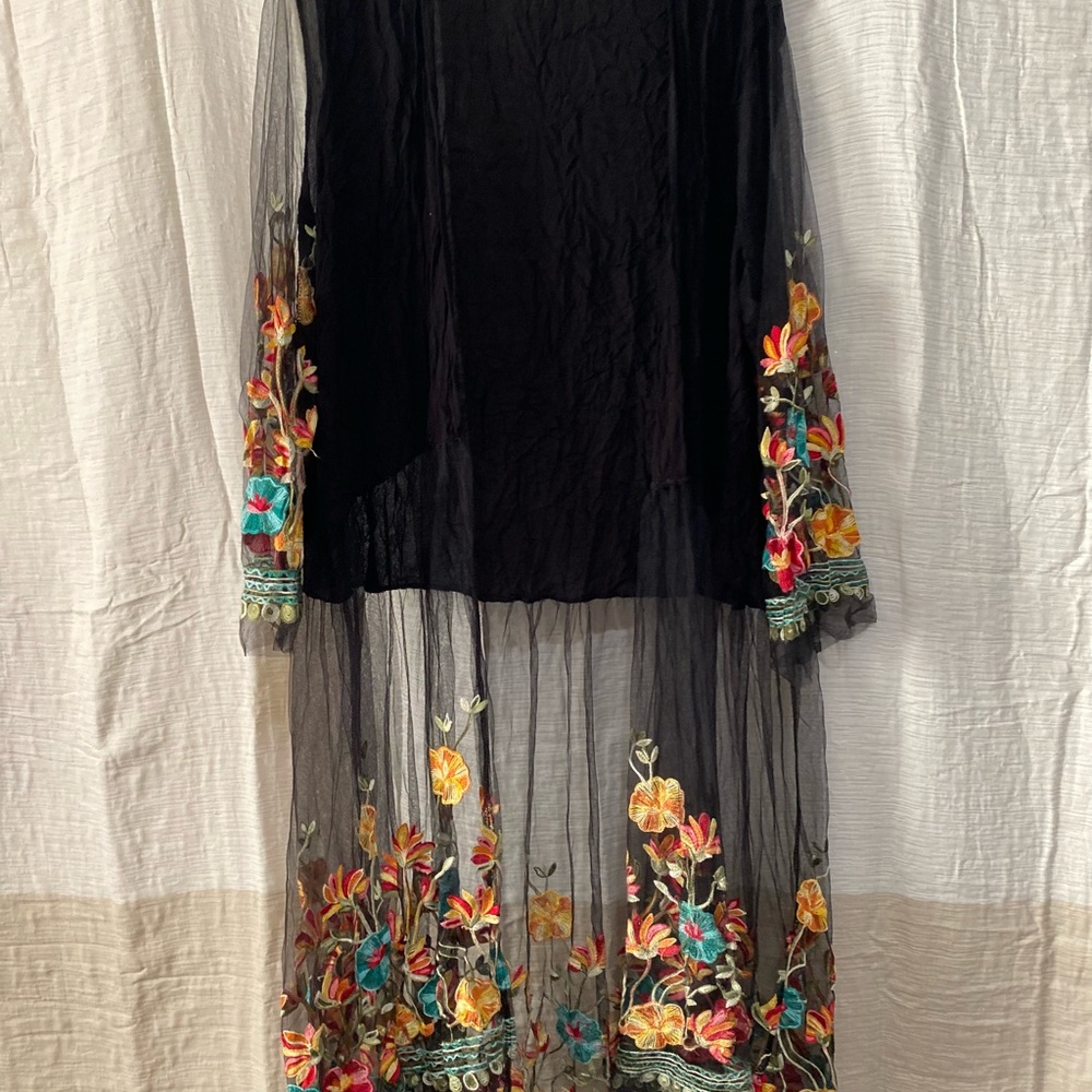 Floral Embroidered Sheer Black Duster